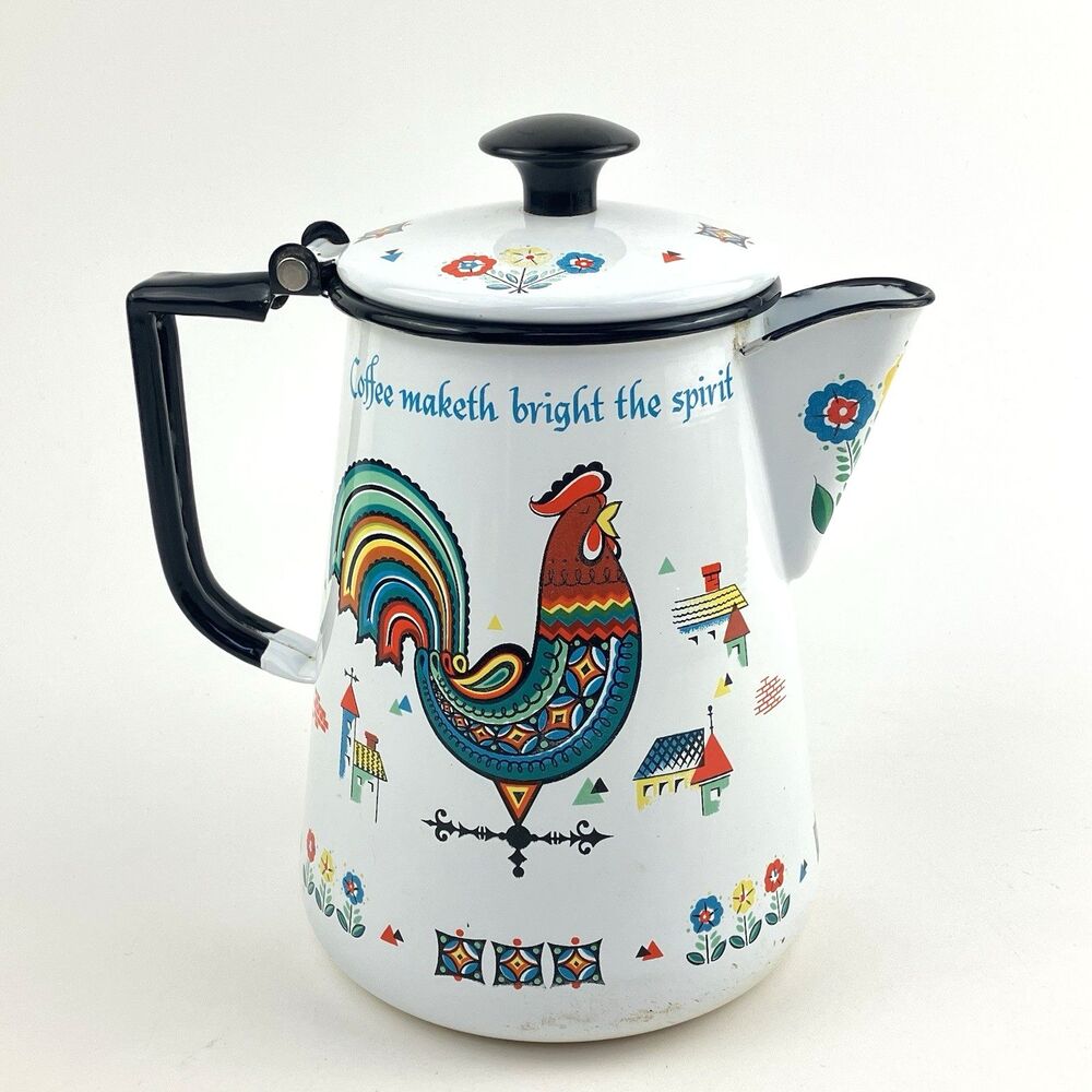 Rooster White Enamel Coffee Pot w/ Lid Decor 'Coffee Maketh Bright The Spirit"